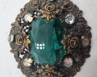 Broche Art Déco En Métal Chromé Avec Pierre Verte - Occasion