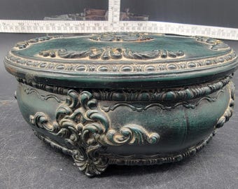 Vintage Green Wooden Ornate Trinket Box - 6"