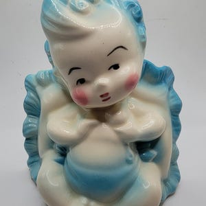 Vintage Hull Pottery 92 USA Blå Baby på Pillow Planter Barnkruka Dekor - 7,5 cm