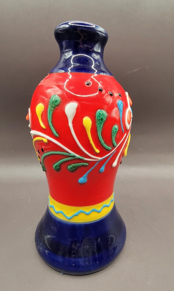 赤と青の花柄の陶器花瓶 壺 青白磁 中国雑貨 染付