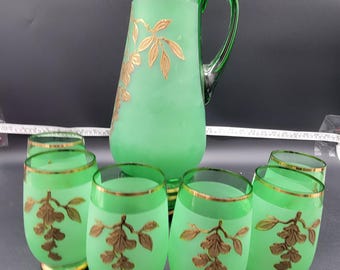 Vintage 1960s Czechoslovakia Green Bohemian Jug Pitcher Set With