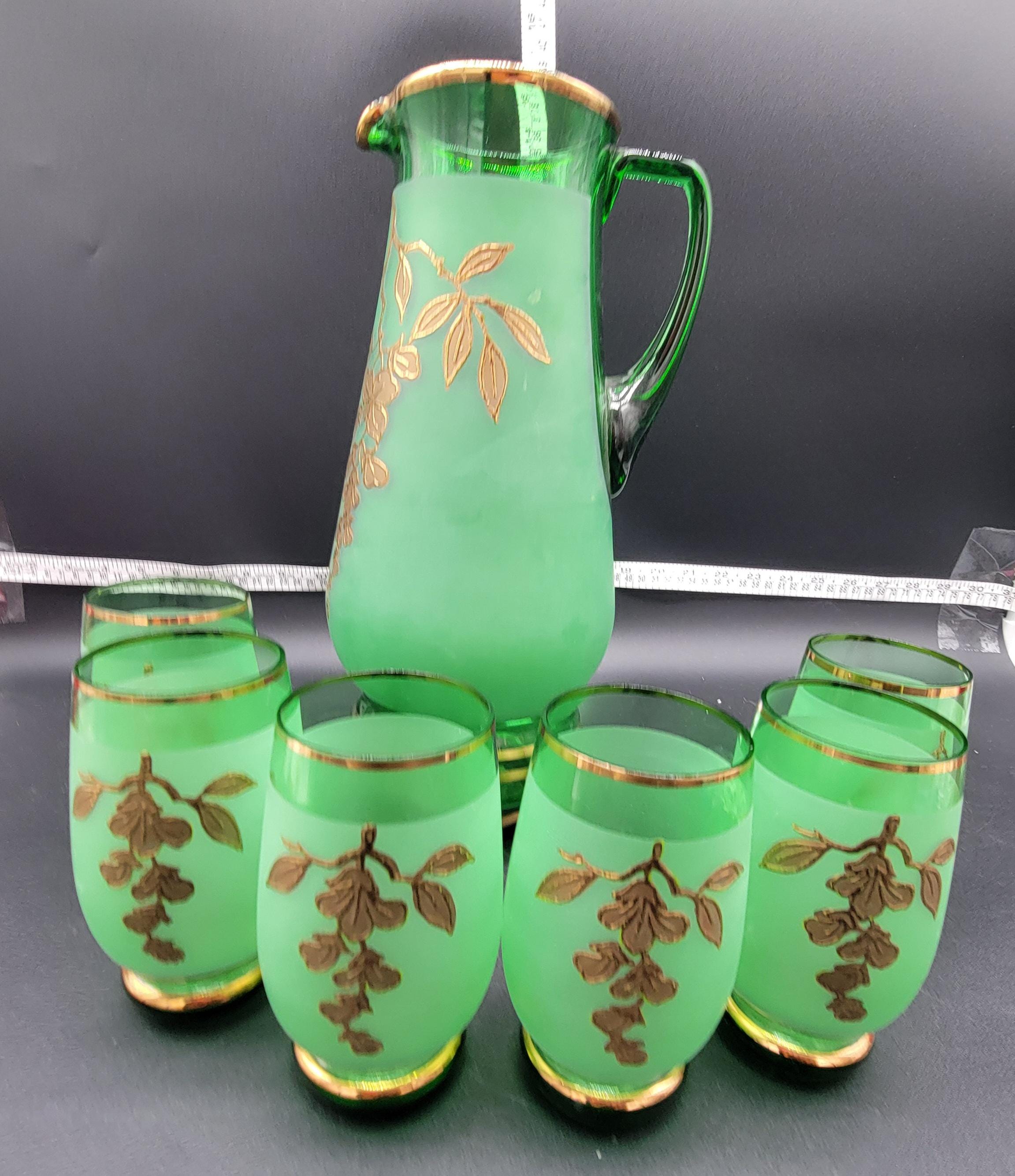 Vintage 1960s Czechoslovakia Green Bohemian Jug Pitcher Set With