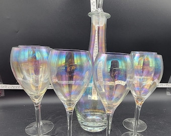 Iridescent Glass Decanter Set, Rainbow Wine Glasses, Barware (7 Piece Set)