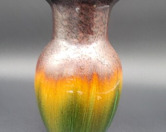 ヴィンテージ風の茶色、黄色、オレンジ、緑色の陶器製花瓶 - 高さ6