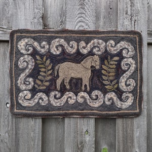 Folk Art Primitive Hand Hooked Rug ~ Antique Scroll Horse ~