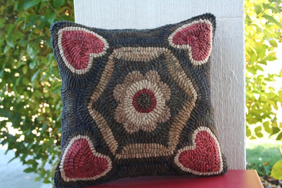 Primitive Hooked Rug Pillow Folk Hearts Etsy