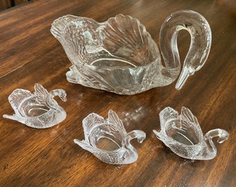 Glass Swan Dish/Bowl with 3 small Glass Salt Cellar Swan’s