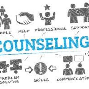 May include: A graphic illustration of the word "COUNSELING" in blue with various icons representing the benefits of counseling, including people, help, professional support, problem solving, skills, and communication.