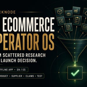 Könnte beinhalten: Eine schwarze Grafik mit dem Text BLACKNODE AI ECOMMERCE OPERATOR OS FROM SCATTERED RESEARCH TO A LAUNCH DECISION. Ein Trichter-Symbol sammelt verschiedene quadratische Symbole in einem Feld mit einem grünen Häkchen. Enthält OFFLINE APP EN ES.