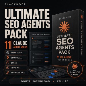 Op de afbeelding: Zwarte en oranje digitale productdoos met het label Blacknode Ultimate SEO Agents Pack met 11 Claude Agent Skills. Bevat een afbeelding van een website-auditinterface, een toetsenbord en tekst die digitale download in het Engels en Spaans aangeeft.