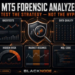 May include: A digital graphic titled 15 MT5 FORENSIC ANALYZERS TEST THE STRATEGY - NOT THE HYPE. It features five dark panels displaying financial data, including backtests, data quality, hidden risk, market regimes, and MQL code with a central shield.
