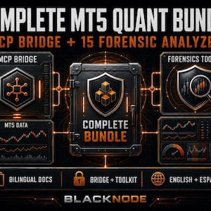 May include: A digital graphic titled COMPLETE MT5 QUANT BUNDLE MCP BRIDGE + 15 FORENSIC ANALYZERS. It features a central vault icon, side panels labeled MCP BRIDGE, FORENSICS TOOLKIT, and MT5 DATA with charts, and a bottom bar with BILINGUAL DOCS, BRIDGE + TOOLKIT, and ENGLISH + ESPAÑOL text, all in black and orange.