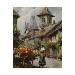 Frau mit Blumenwagen 13 - Altstadt Dorfplatz, Wagen überfüllt mit Blumen zum Verkauf, Rolled Poster hängende Wandkunst