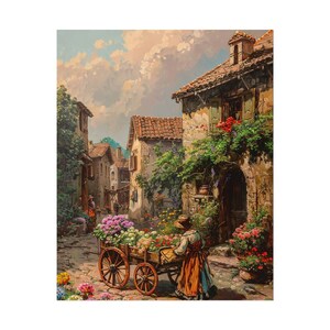 Frau mit Blumenwagen 14 - Altstadt Dorfplatz, Wagen überfüllt mit Blumen zum Verkauf, Rolled Poster hängende Wandkunst
