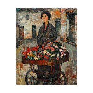 Frau mit Blumenwagen 3 - Alter Dorfplatz, Wagen überfüllt mit Blumen zum Verkauf, gerollte Poster hängende Wandkunst