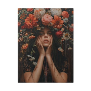 On my mind - Woman with flowers on her mind, Matte Canvas, multi-colored fantasy