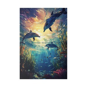 Canvas Wall Art, Dolphins Playing in Shallow Ocean Under Sun&#39;s Rays at Sunset - Matte Canvas Print, Nautical Decor, Coastal Beach Scene,