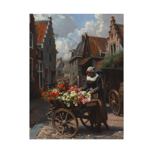 Vrouw met bloemenkar 5 - Dorpsplein in de oude stad, kar vol bloemen te koop, rolposters hangende muurkunst