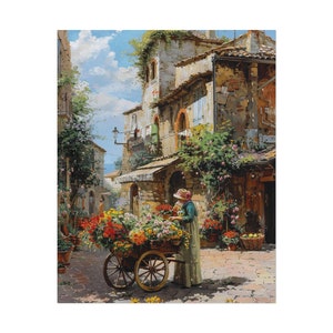 Frau mit Blumenwagen 12 - Altstadt Dorfplatz, Wagen überfüllt mit Blumen zum Verkauf, Rolled Poster hängende Wandkunst