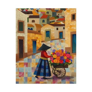 Frau mit Blumenwagen 9 - Alter Dorfplatz, Wagen überfüllt mit Blumen zum Verkauf, gerollte Poster hängende Wandkunst