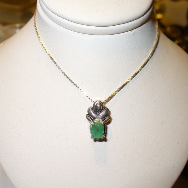Emerald Pendant Necklace in Solid Sterling Silver - Genuine, Natural Gemstone