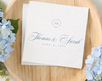 Coastal Monogram Cocktail Napkins, Personalized Beach Wedding Napkins, Custom Monogram Bar Napkins