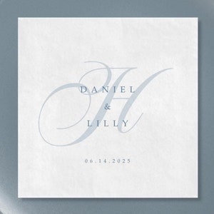 May include: A white wedding invitation with a blue calligraphic monogram of the letters "H" and "D" for Daniel and Lilly. The date "06.14.2025" is printed below the monogram.