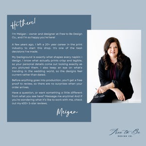 May include: A blue informational graphic featuring text from Meigan, owner of Free to Be Design Co., alongside a photograph of a person with dark hair wearing a black blazer and dark top. The text introduces the shop and design services.