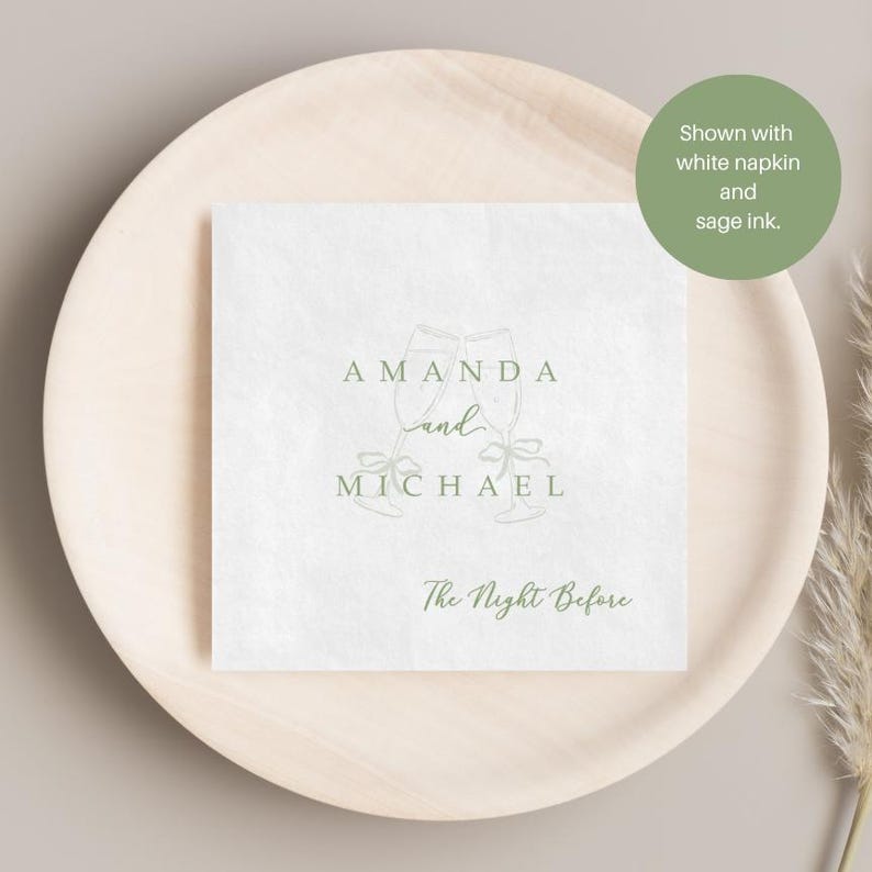 Personalized rehearsal dinner napkin in sage ink, champagne flutes with bow accent, white napkin