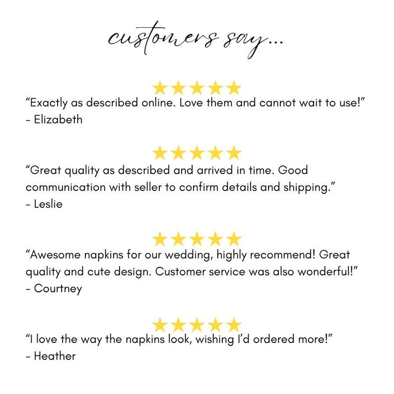 Op de afbeelding: Een grafische weergave met de titel customers say... met vier vijfsterrenrecensies. De tekst bevat getuigenissen van Elizabeth, Leslie, Courtney en Heather, waarin de productkwaliteit, het ontwerp en de klantenservice voor trouwservetten worden geprezen.