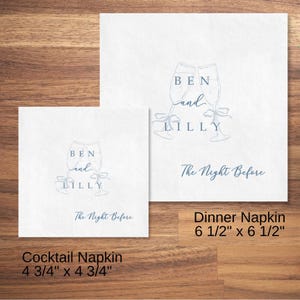 Custom rehearsal dinner napkins size comparison, cocktail 4.75 inch and dinner 6.5 inch on wood surface