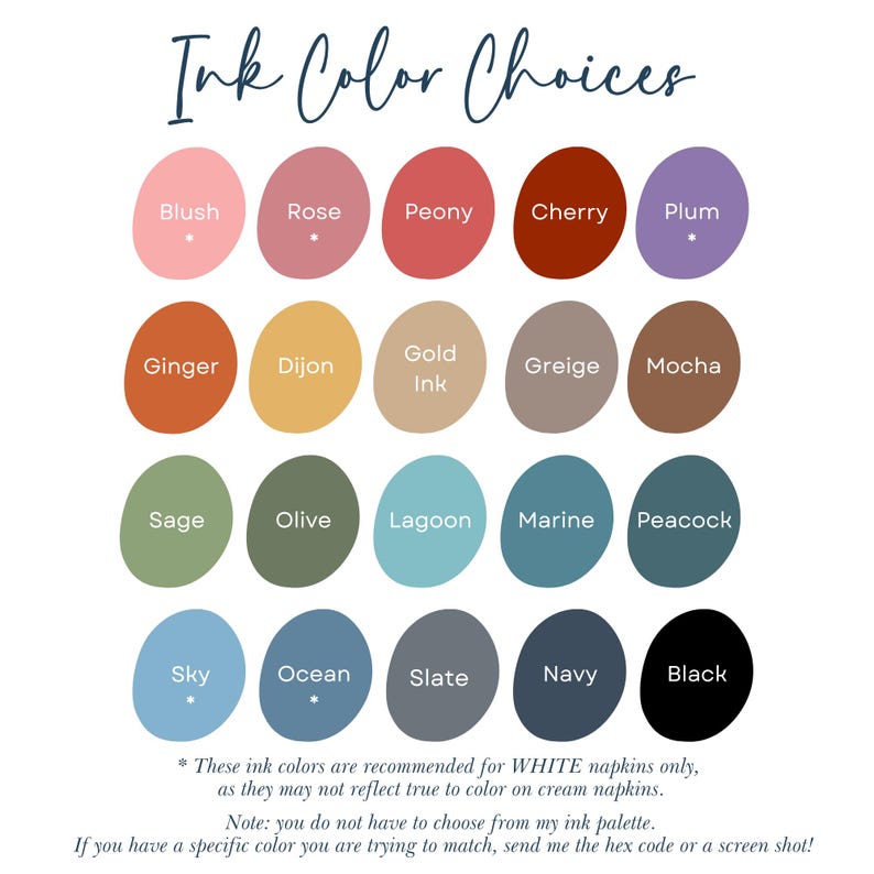 May include: A colour chart titled Ink Color Choices featuring twenty oval swatches in various shades including blush, rose, peony, cherry, plum, ginger, dijon, gold, greige, mocha, sage, olive, lagoon, marine, peacock, sky, ocean, slate, navy, and black.
