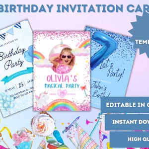 Carte d'invitation d'anniversaire | Modèle d'invitation | Carton d'invitation modifiable | Carte d'invitation d'anniversaire 3 en 1