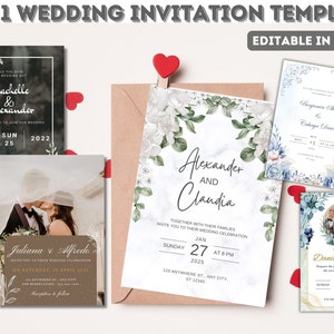 Minimalistisch, Elegant, Florale Hochzeitseinladungskarte | 5 Vorlagen Hochzeit lädt ein | 5 in 1 Schablone | Bearbeitbar in Leinwand