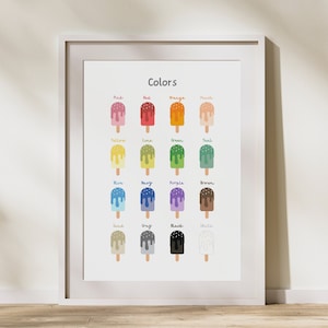 Cartel de color para niños, carta de colores Montessori imprimible, decoración del aula, arte de la pared de la guardería, actividad educativa para niños preescolar en casa