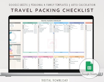 May include: A laptop screen displaying a Google Sheets spreadsheet with a travel packing checklist. The spreadsheet is divided into categories such as documents, electronics, health, food snacks, and others. Each category has a list of items to pack with checkboxes next to each item. The spreadsheet also includes a progress bar to track packing progress.