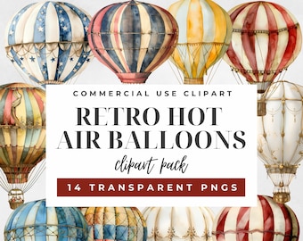 Retro Hot Air Balloons Watercolor Clipart, Vintage Hot Air Balloon Graphics, Vintage Illustrations, Commercial use