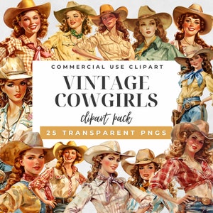 Clipart aquarelle de cow-girls vintage, clipart de filles de vache, utilisation commerciale autorisée, graphiques et illustrations vintage