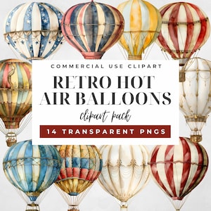 Balões de ar quente retrô aquarela clipart, gráficos de balões de ar quente vintage, ilustrações vintage, uso comercial