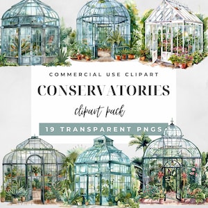 Conservatórios aquarela clipart gráficos, estufas de vidro clipart gráficos, uso comercial