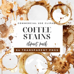 Clip Art acquerello macchie di caffè - sovrapposizioni digitali di anelli di caffè ed espresso, sfondo trasparente, download immediato per uso commerciale