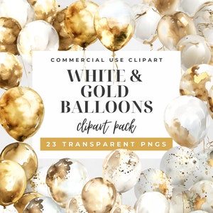 Weiß & Gold Ballons Aquarell Clipart, weiße Ballons, goldene Ballons, Ballon Grafiken, Hochzeit Clipart, Geburtstag Clipart
