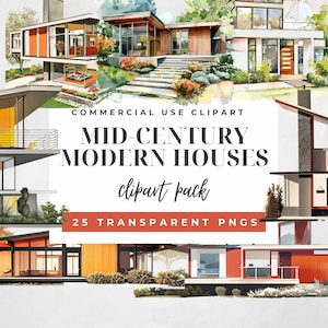 Mid Century Modern Häuser Aquarell Clipart, Häuser Grafiken, Mid Century Modern, 50er Jahre Mid Century Modern Häuser Clipart, kommerzielle Nutzung