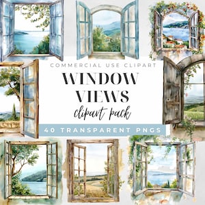 Imágenes prediseñadas de acuarela de vistas desde ventanas, ilustraciones de hermosas vistas a través de ventanas abiertas, uso comercial