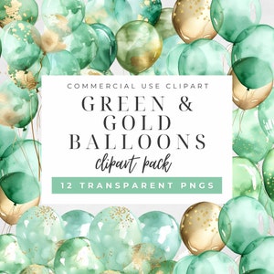Green and Gold Balloons Clip Art | Elegant Balloon Graphics | Party Balloon Graphics | Digital Green and Gold Illustrations