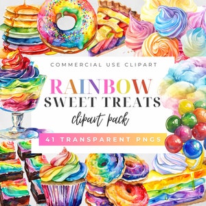 Aquarel clipart regenboog zoete lekkernijen | Voedselafbeeldingen regenboog | Commercieel gebruik clipart | Verjaardagsfeestje Clipart |