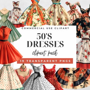 50 年代の女性のドレスの水彩画のクリップアート、1950 年代のドレスのクリップアート、ミッド センチュリーのドレスのクリップアート、ファッション ドレスのクリップアート