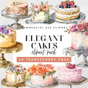 Może przedstawiać: Zestaw 38 akwarelowych ilustracji eleganckich tortów ozdobionych kwiatami, jagodami i lukrem. Torty stoją na srebrnych i złotych podstawkach. Tekst "Elegant Cakes clipart pack" jest napisany czarnym kolorem na białym tle.