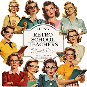 Imágenes prediseñadas de maestras de escuela retro vintage / Ilustraciones de imágenes prediseñadas de mujeres retro / Maestras de escuela vintage / Uso comercial