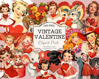 May include: A collection of vintage Valentine's Day-themed clip art. The images include cherubs, girls in red dresses, vintage women, animals holding hearts, and the text "VINTAGE VALENTINE Clipart Pack". The color palette is primarily red, pink, and white.